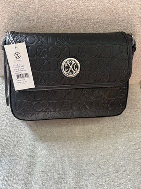 Black Embossed Crossbody Bag with Silver Medallion